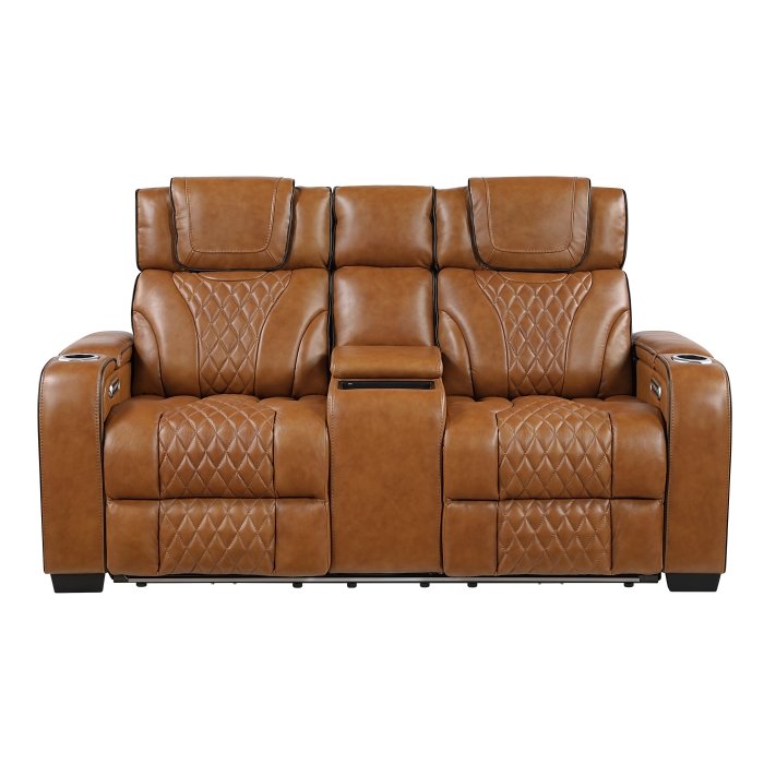 8449BR-2PWHM_noBG_front__l.jpg 8449BR-2PWHM Power Double Reclining Love Seat with Center Console, Power Headrests, Storage Arms with Cup Holders, Wireless charger, Air Massage and Heat, LED Lighting and Charging Ports - Image 1