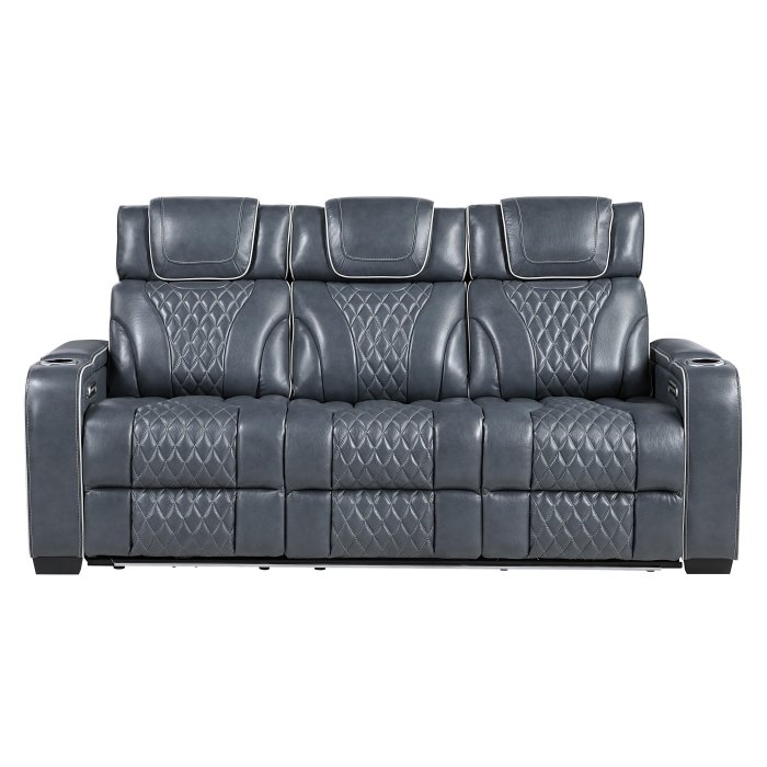 8449BU-3PWHM_noBG_front__l.jpg 8449BU-3PWHM Power Double Reclining Sofa with Center Drop-Down Cup Holders, Power Headrests, Storage Arms with Cup holders, Reading Lights, Wireless Charger, Air Massage and Heat, LED Lighting and Charging Ports - Image 1