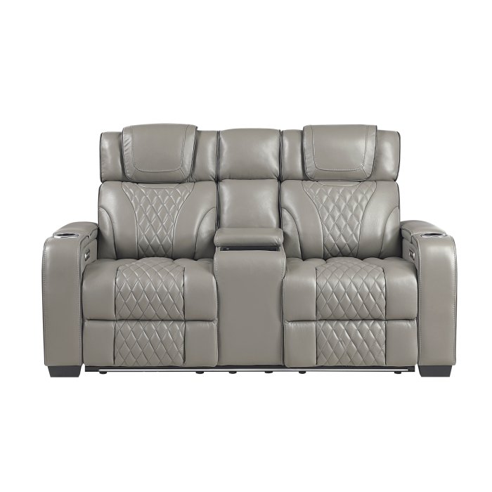 8449GY-2PWHM_noBG_front__l.jpg 8449GY-2PWHM Power Double Reclining Love Seat with Center Console, Power Headrests, Storage Arms with Cup Holders, Wireless charger, Air Massage and Heat, LED Lighting and Charging Ports - Image 1