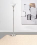 ARCHIE 71-INCH FROSTED TORCHIERE FLOOR LAMP BRUSHED STEEL - Image 2