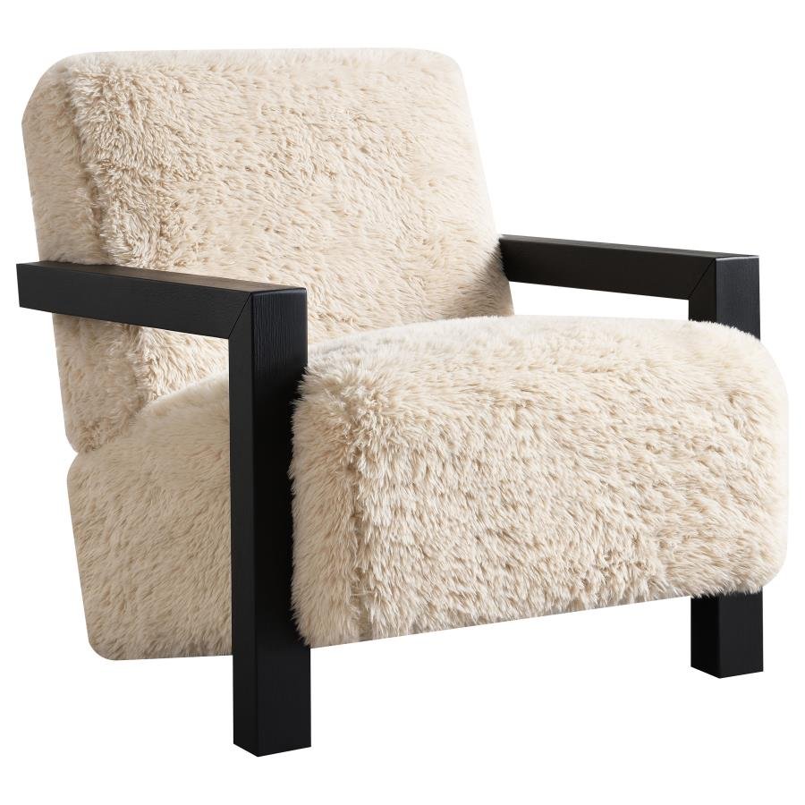 907533_02x900.jpg FITZROY FAUX FUR UPHOLSTERED CHAIR SOLID WOOD ARMS LATTE - Image 1