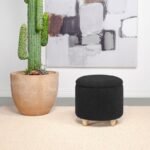 VALIA FAUX SHEEPSKIN UPHOLSTERED ROUND STORAGE OTTOMAN BLACK - Image 2