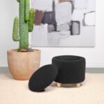 VALIA FAUX SHEEPSKIN UPHOLSTERED ROUND STORAGE OTTOMAN BLACK - Image 3