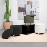 VALIA FAUX SHEEPSKIN UPHOLSTERED ROUND STORAGE OTTOMAN BLACK - Image 7