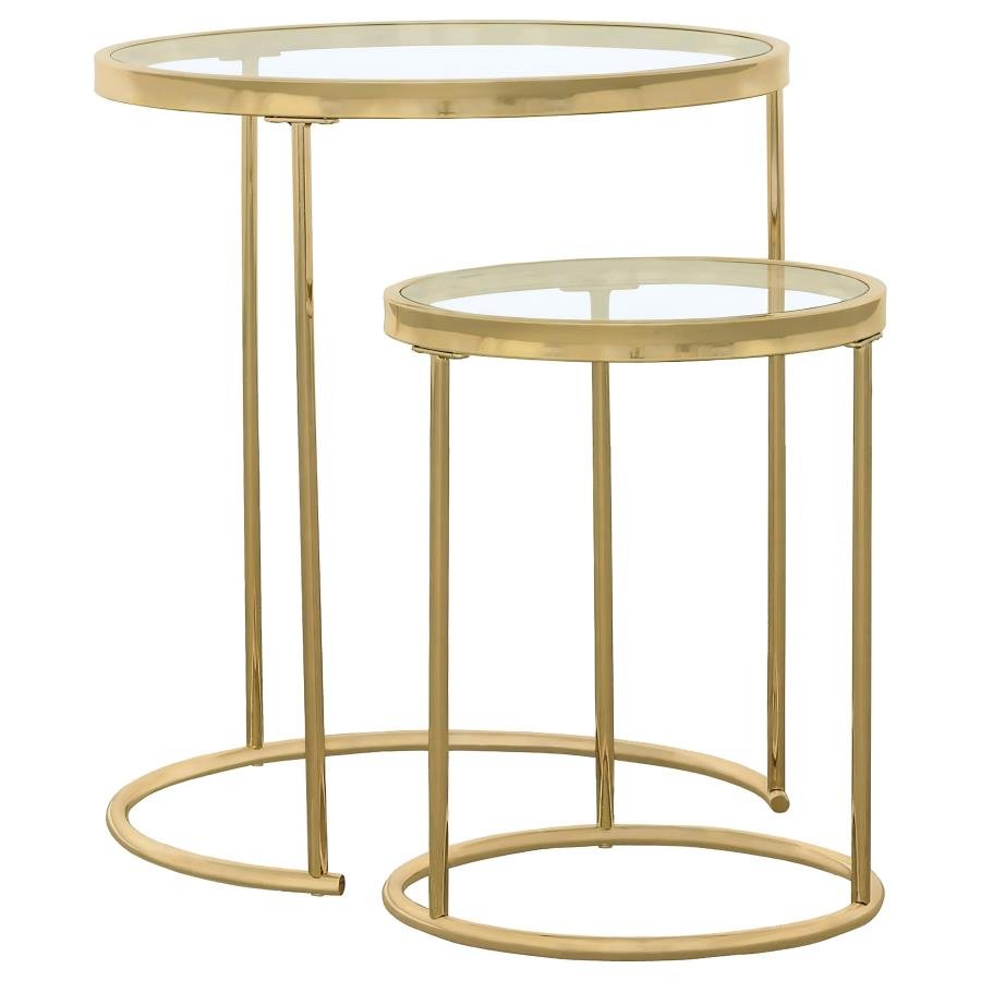935936_02x900.jpg MAYLIN 2-PIECE ROUND GLASS TOP NESTING TABLE SET GOLD - Image 1