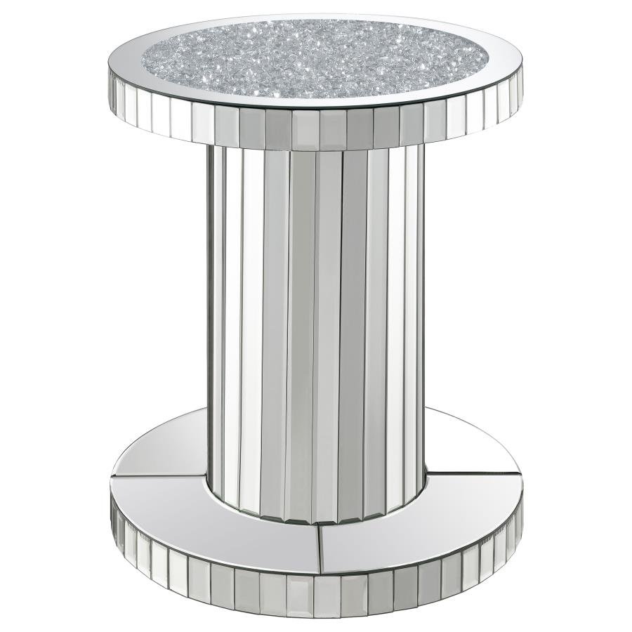 936125_02x900.jpg DORIELLE ROUND MIRRORED ACRYLIC CRYSTAL SIDE TABLE SILVER - Image 1