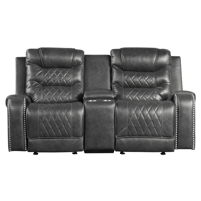 9405GY-2_noBG_f__l.jpg 9405GY-2 Double Glider Reclining Love Seat with Center Console, Receptacles and USB Port - Image 1