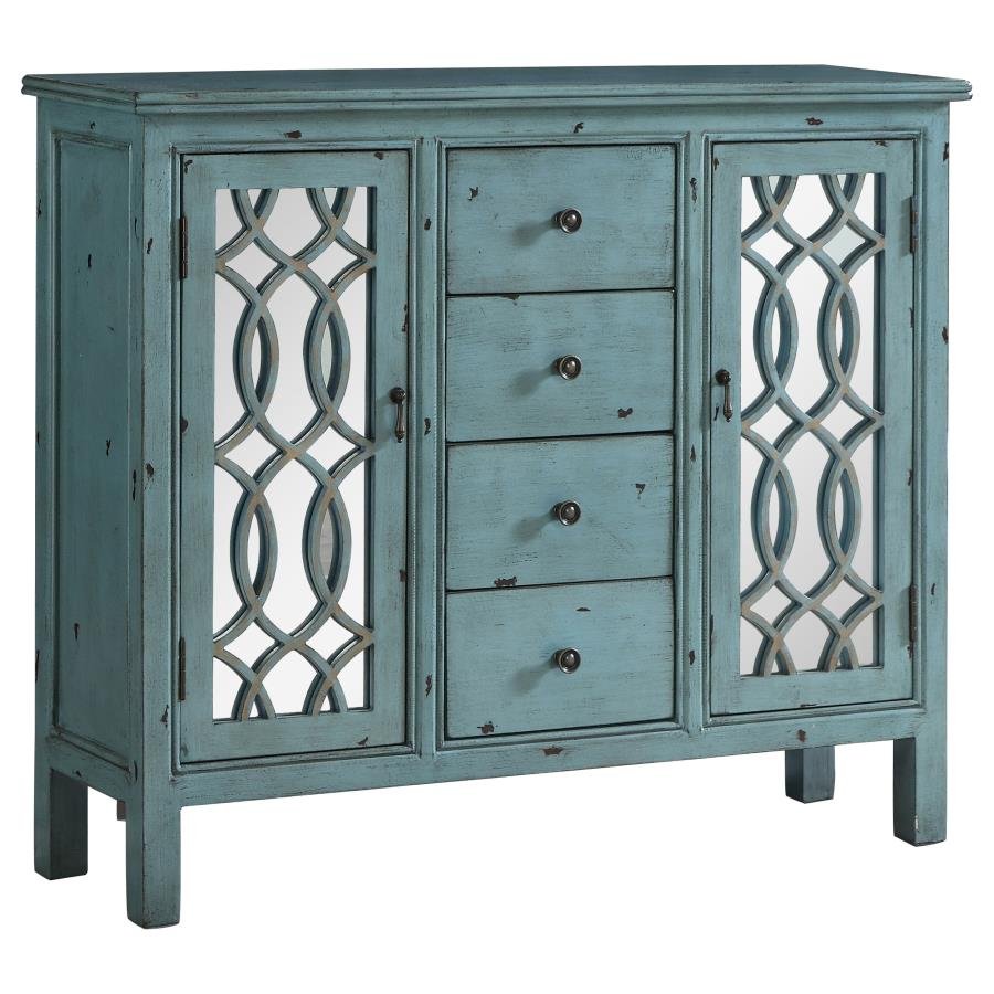 950736_02x900.jpg RUE 4-DRAWER WOOD TRELLIS ACCENT STORAGE CABINET BLUE - Image 1