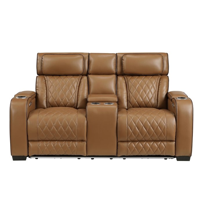 9516BRW-2PWH_noBG_front__l.jpg 9516BRW-2PWH Power Double Reclining Love Seat with Center Console, Power Headrests, Storage Arms(Top and Side), Cup holders, Charging Ports and LED lighting - Image 1