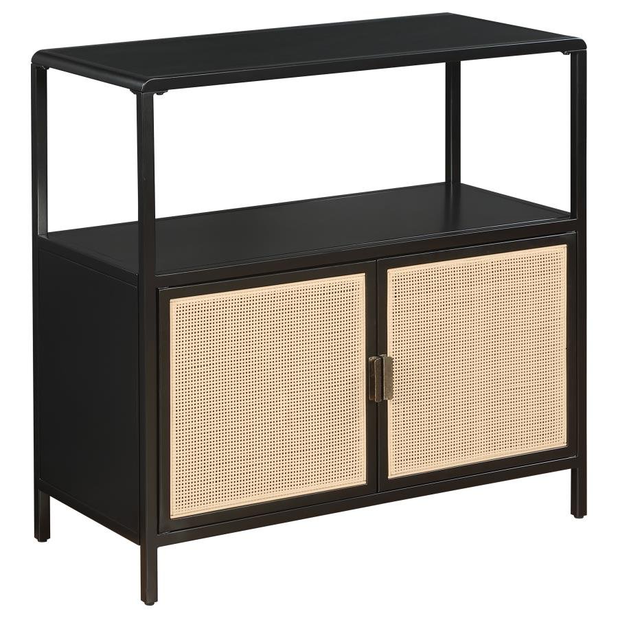 961641_02x900.jpg AMHERST 2-DOOR RADIO WEAVE CANE METAL ACCENT CABINET BLACK - Image 1