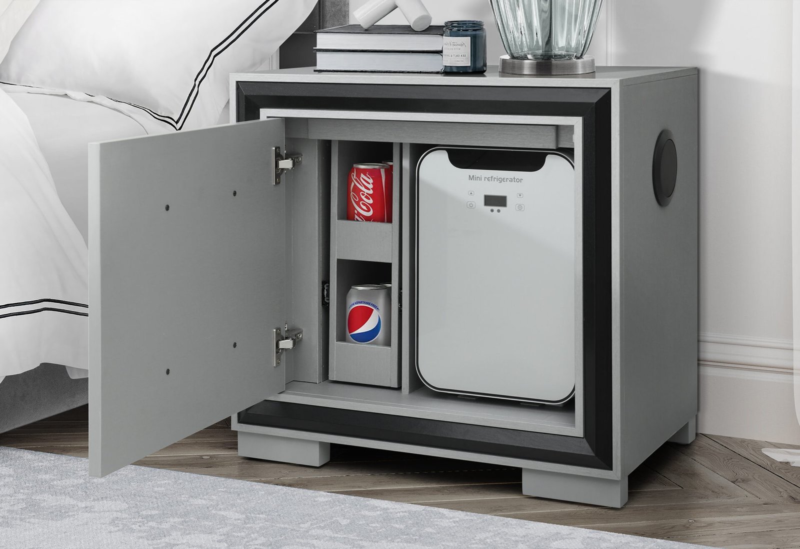 Amelia-Grey-Black-RSC-with-NS-w-Fridge-1.jpg AMELIA GREY/BLACK NIGHTSTAND WITH COOLER AND SPEAKER - Image 1