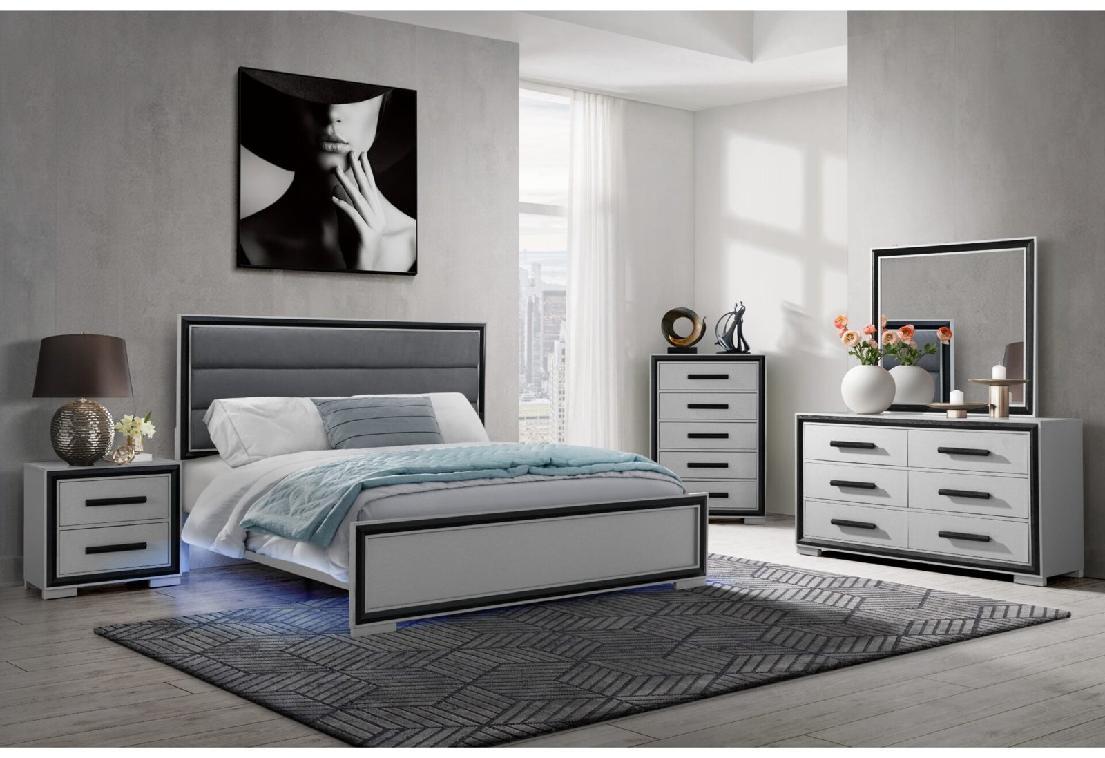 xr:d:DAGBfMgD6Lw:15,j:5660322676618030171,t:24040420 AMELIA GREY BLACK QUEEN BED GROUP W/LED - Image 1