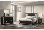 BLAKE BLACK/GOLD KING BED WITH LAMPS, DRESSER, MIRROR, NIGHTSTAND