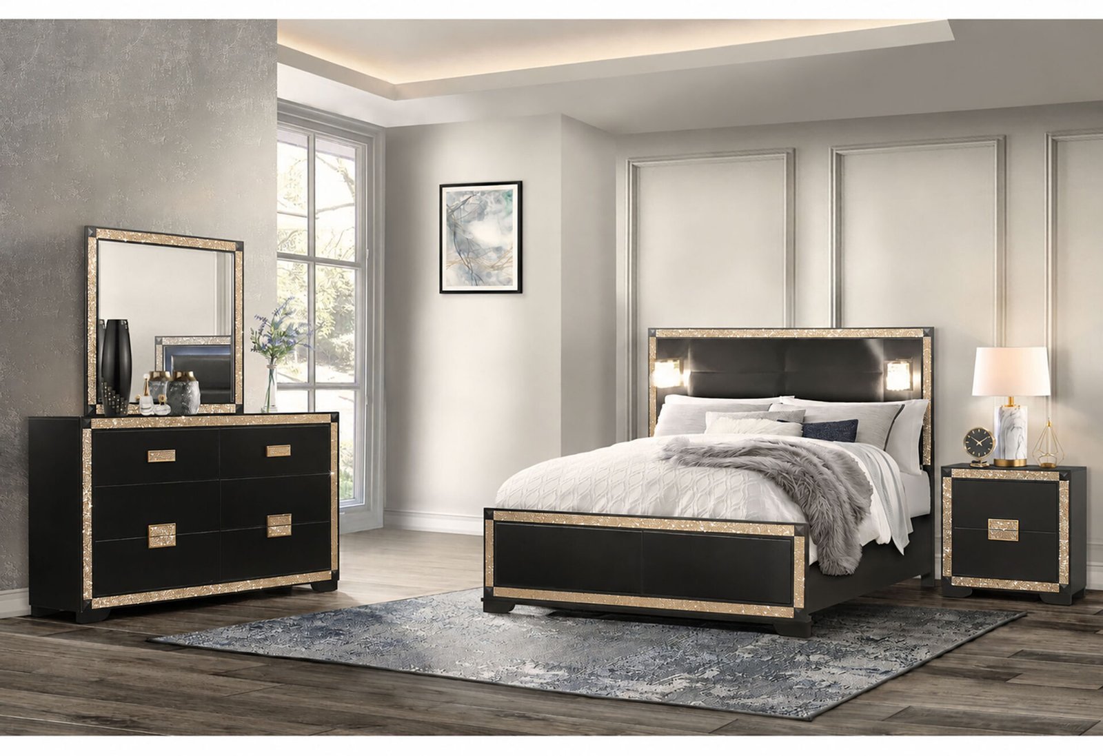 Blake-Bedroom-4PC-2.jpg BLAKE BLACK/GOLD KING BED WITH LAMPS, DRESSER, MIRROR, NIGHTSTAND - Image 1