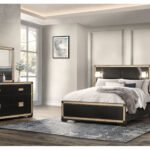 BLAKE BLACK/GOLD QUEEN BED WITH LAMPS, DRESSER, MIRROR, NIGHTSTAND