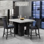 D04 WHITE BAR TABLE AND 6 D04 BLACK BAR STOOL
