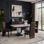 D12 DINING TABLE AND 6 D12 BROWN DINING CHAIRS