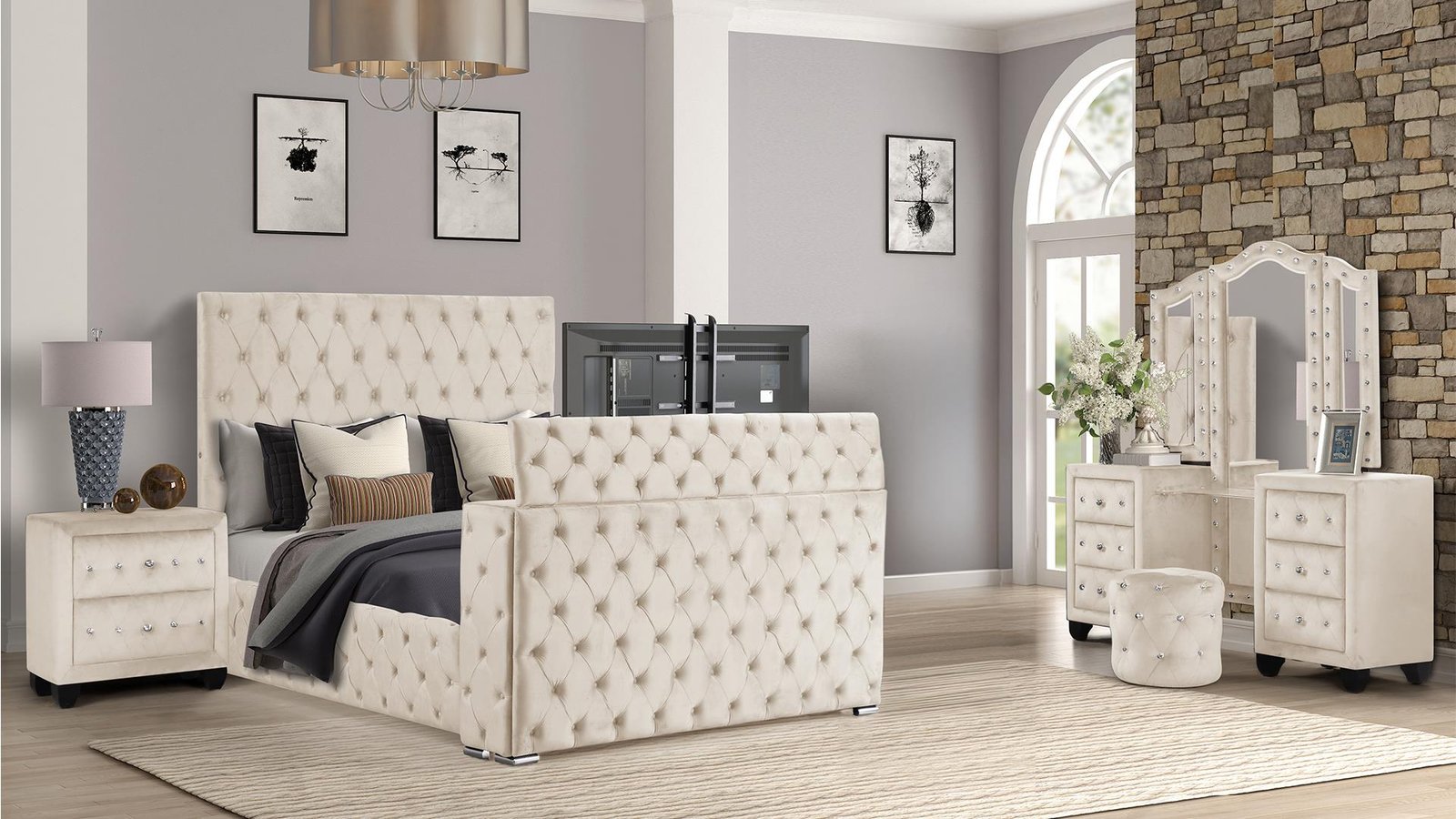 ENCORE_VANITY_CREAM_4PC_1500_975.jpg ENCORE KING 4PC VANITY BEDROOM SET IN BEIGE - Image 1