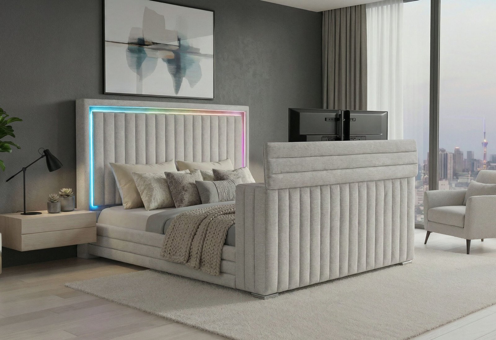 Elias-Grey-Tv-Footboard-Open-1.jpg ELIAS GREY KING BED WITH IMMERSIVE SOUND SPEAKER, LED, TV LIFT & FP - Image 1