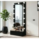 ELLA BLACK NARROW TALL MIRROR WITH DRAWER AND SPEAKER