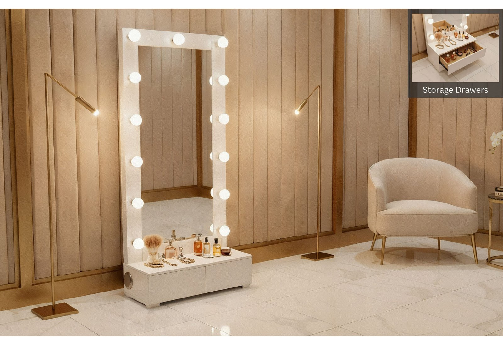 Ella-White-Tall-Mirror-Final-1.jpg ELLA WHITE NARROW TALL MIRROR WITH LED AND SPEAKER - Image 1