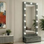 LEXI GREY TALL MIRROR WITH DRAWER AND SPEAKERS