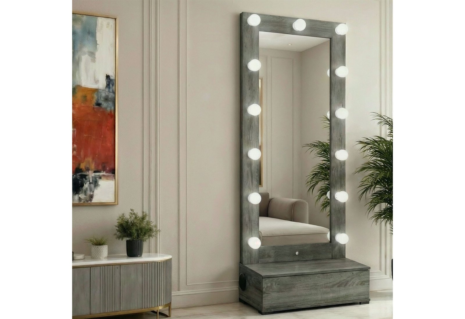 Lexi-Grey-Tall.jpg LEXI GREY TALL MIRROR WITH DRAWER AND SPEAKERS - Image 1