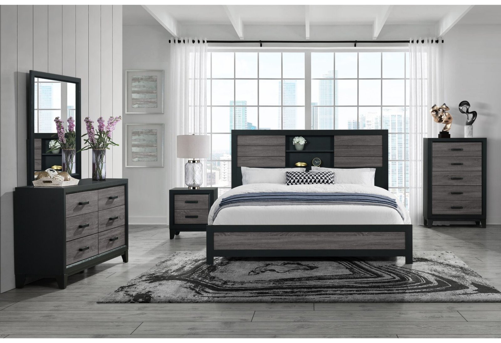 Lisbon-Grey-Black-Bookcase-KBG-RSC-2.jpg LISBON GREY/BLACK BOOKCASE QUEEN BED GROUP - Image 1