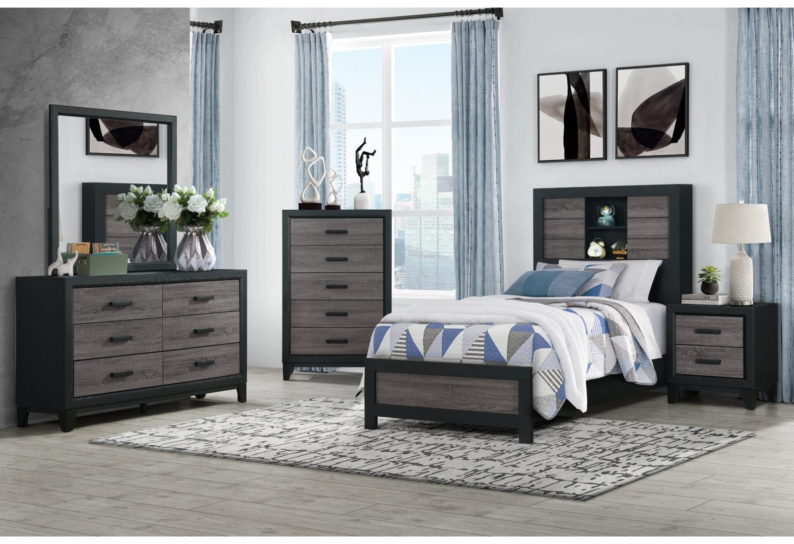 Lisbon-Grey-Black-Bookcase-TBG-RSC.jpg LISBON GREY/BLACK BOOKCASE TWIN BED GROUP - Image 1