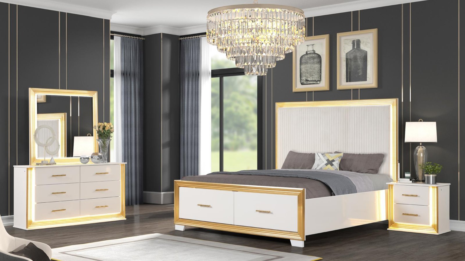 Obsession_main_78_1500_975.jpg OBSESSION KING 4 PC BEDROOM SET IN WHITE & GOLD - Image 1