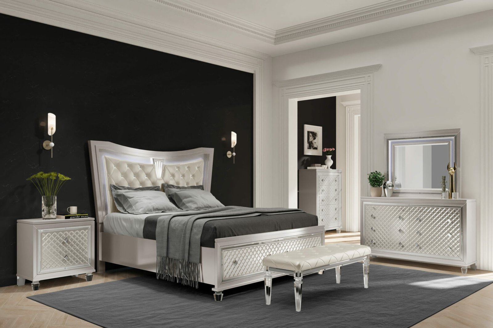 Paris-Group-scaled-1.jpg PARIS CHAMPAGNE QUEEN BED GROUP WITH LED - Image 1