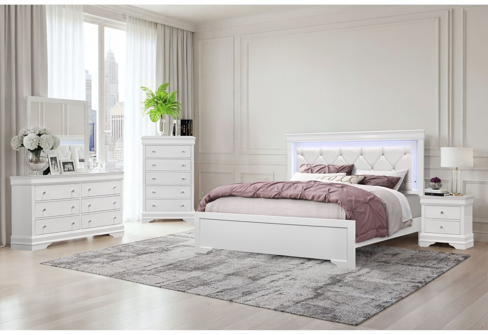 Pompei-White-3.jpg POMPEI METALLIC WHITE FULL BED GROUP WITH LED - Image 1