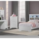 POMPEI METALLIC WHITE BOOKCASE TWIN BED, DRESSER, MIRROR & NS
