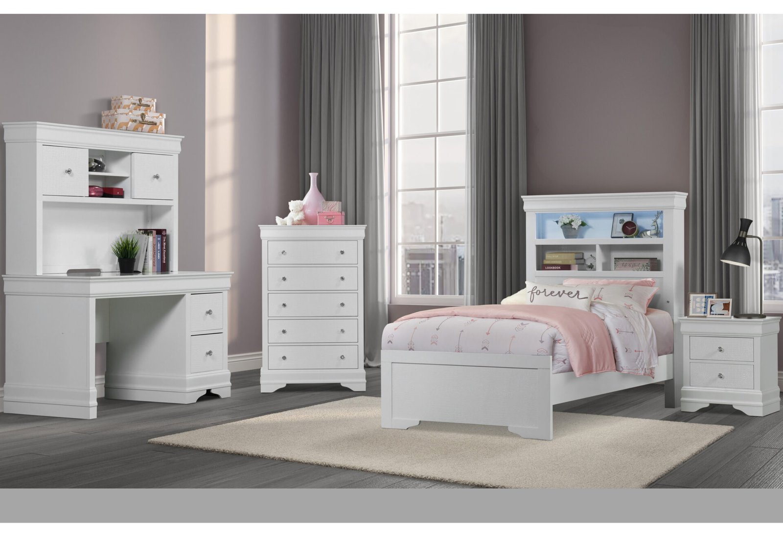 Pompei-Youth-NEW-RSC-2.jpg POMPEI METALLIC WHITE BOOKCASE TWIN BED, DRESSER, MIRROR & NS - Image 1