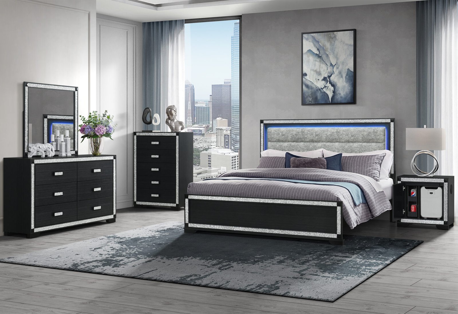 SOLEIL-CHARCOAL-NS-W-COOLER.jpg SOLEIL CHARCOAL QUEEN BED GROUP WITH COOLER AND SPEAKER - Image 1