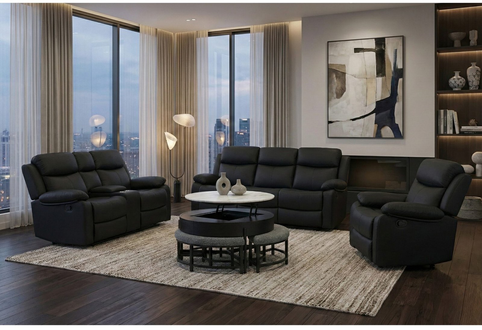 T42CT-BLACK-STOOLS-RSC-1.jpg T42 BLACK COFFEE TABLE WITH 3 STOOLS - Image 1