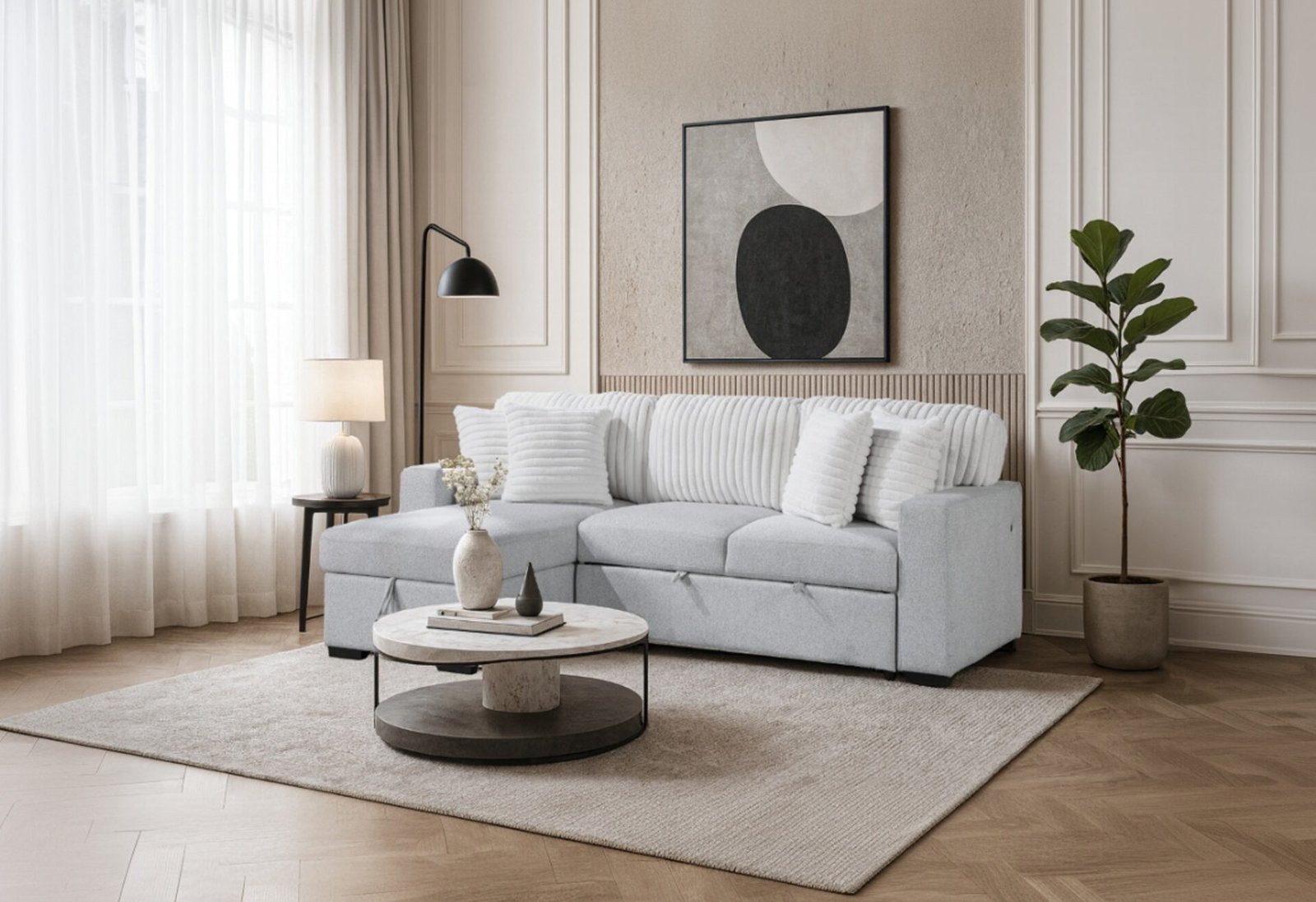 U0204-LIGHT-GREY-WHITE-2-1.jpg U0204 LIGHT GREY/WHITE REVERSIBLE PULL OUT SOFA BED - Image 1
