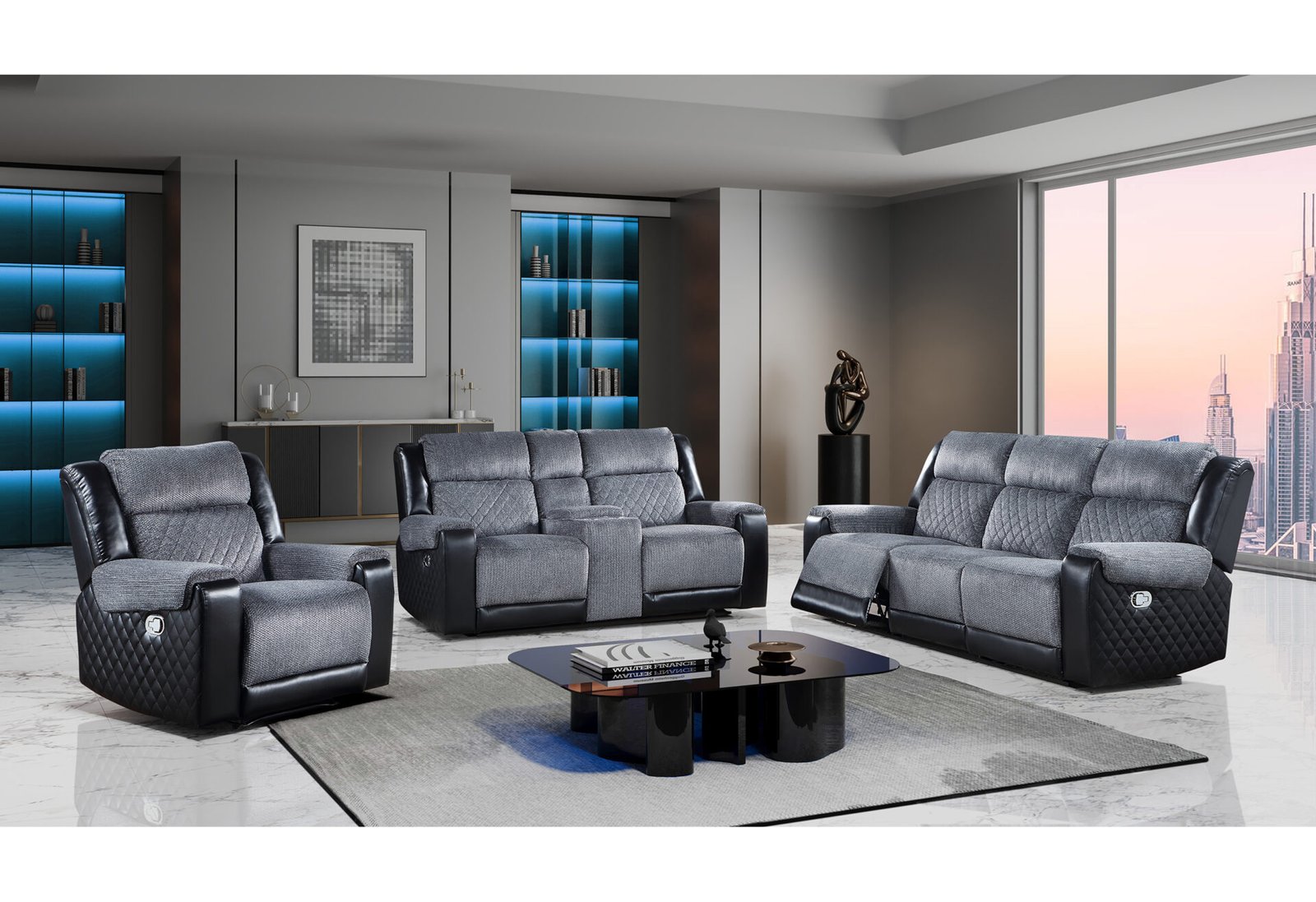 U5914-DARK-GREY-SF-LS-RS-RSC-05.09.24-1.jpg U5914 GREY/BLACK RECLINING SOFA/CONSOLE RECLINING LOVESEAT/RECLINER - Image 1