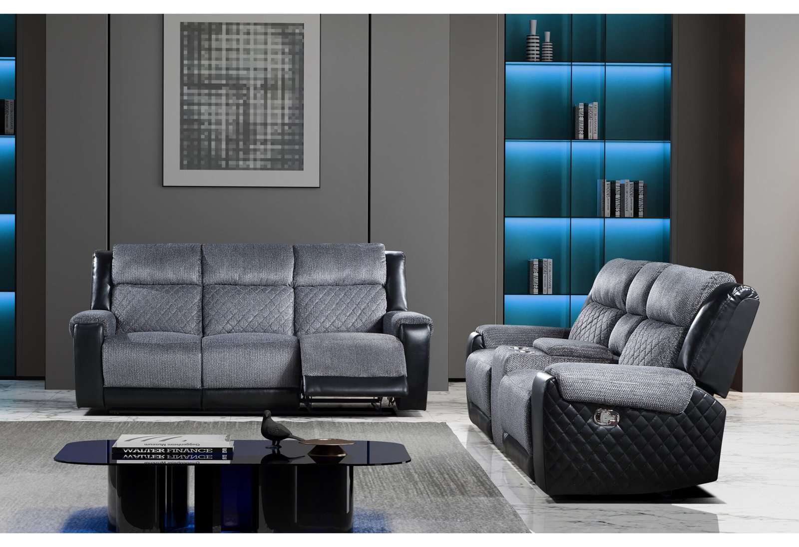 U5914-DARK-GREY-SF-LS-RSC-05.09.24.jpg U5914 GREY/BLACK RECLINING SOFA/CONSOLE RECLINING LOVESEAT - Image 1