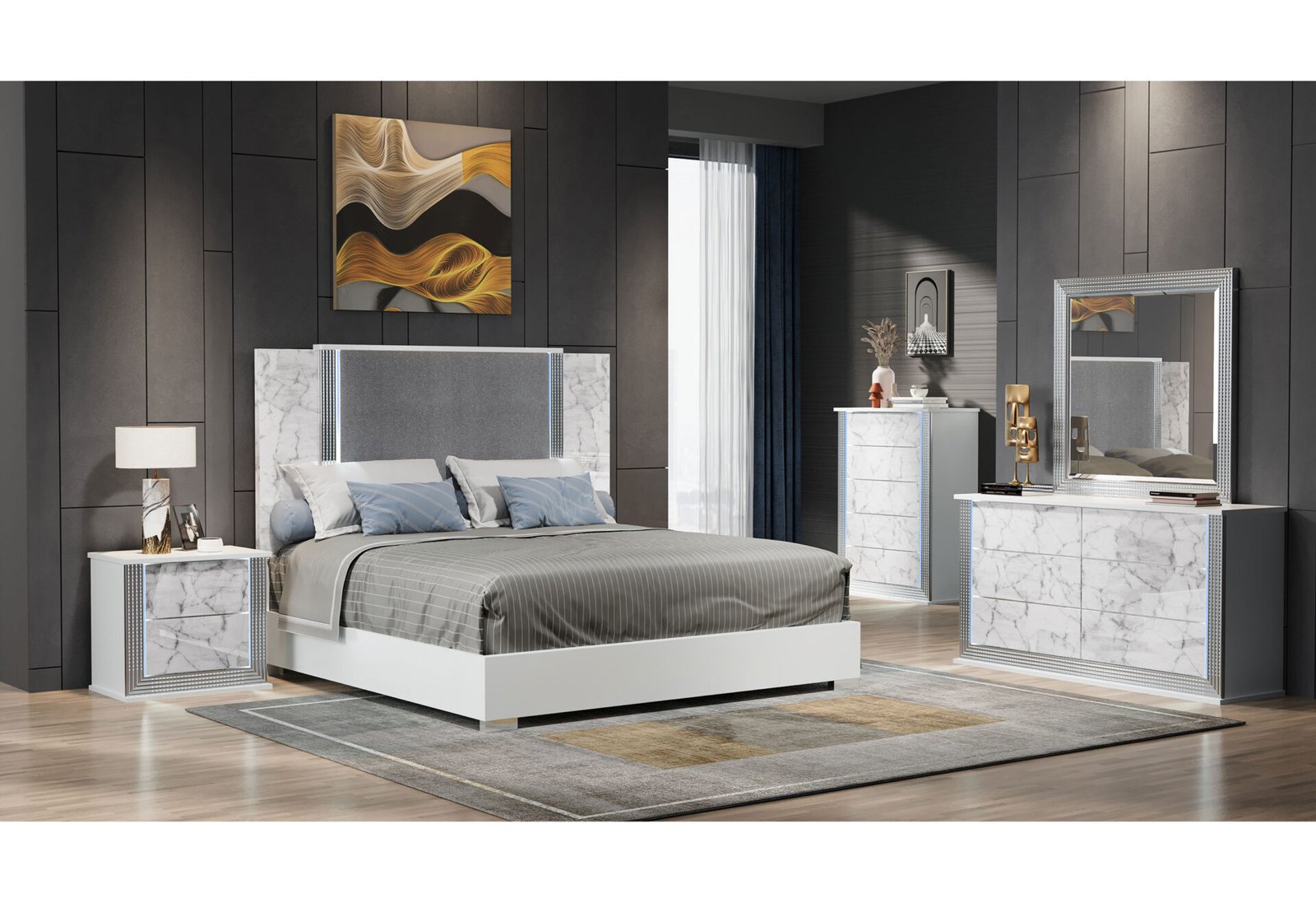 Ylime-Bedroom-White-Marble1-NEW.jpg YLIME WHITE MARBLE KING BED GROUP - Image 1